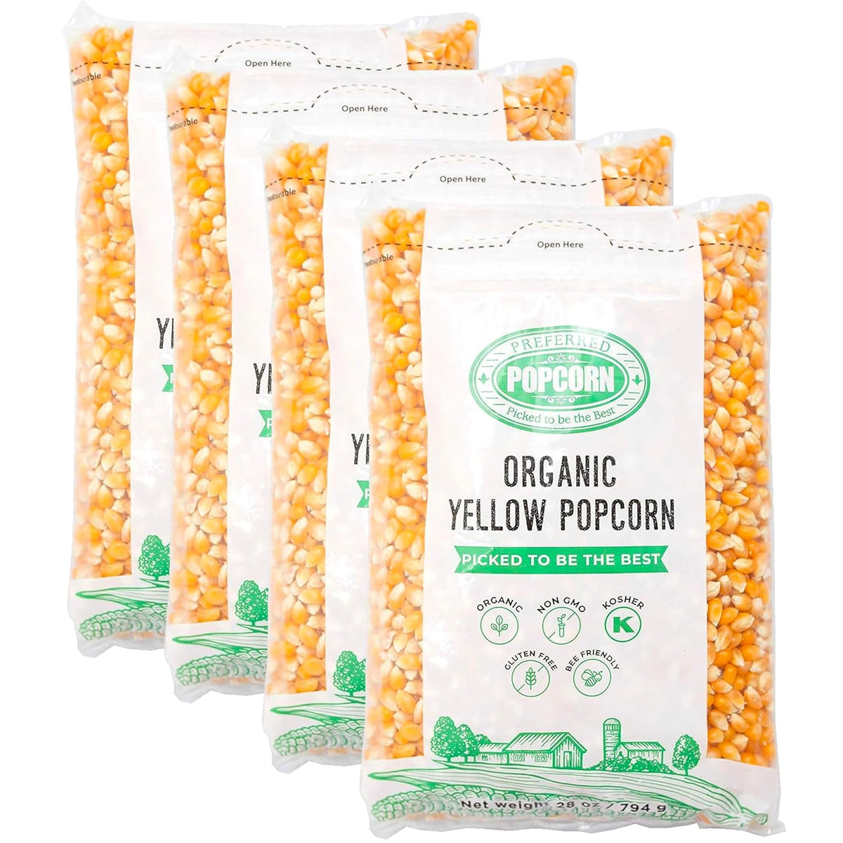 Preferred Popcorn Organic Popcorn, 28 Ounce Bag, Pack of 4, 30 Servings Per Bag