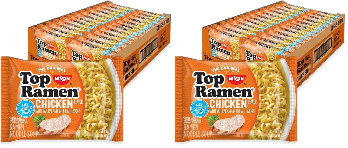 Nissin Top Ramen Chicken Noodle Soup, 3 Ounce, 24 Packets, No Added MSG