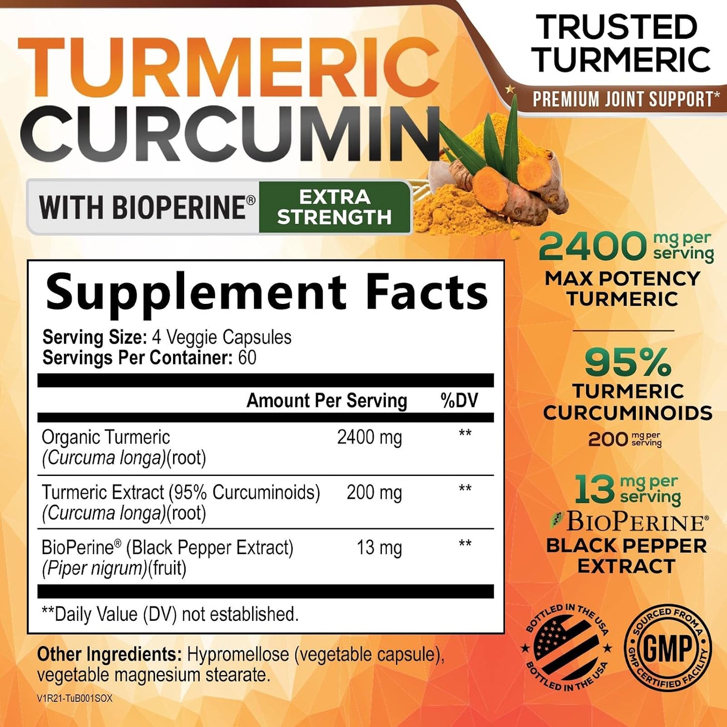 Turmeric Curcumin Supplement - 2400mg Organic Turmeric Per Serving
