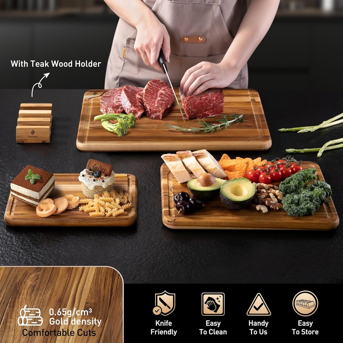 3 Pack Teak Wood Cutting Board Set for Kitchen Charcuterie Board Serving Heavy Duty Non Toxic Slip Over Sink Solid Thick Haus Wooden Chopping Board Large Big Small Meat Best Kitchen Mother Gift