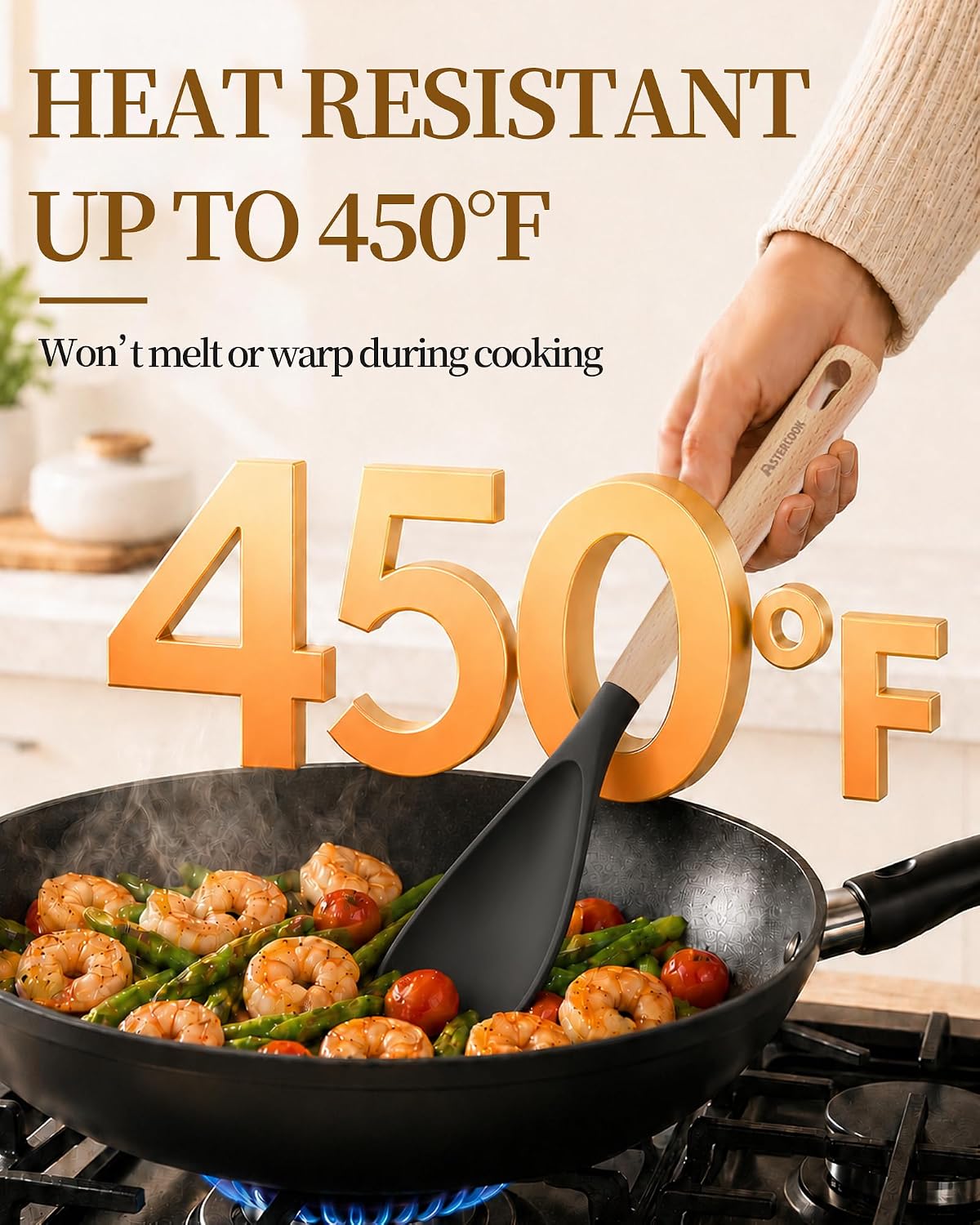 Astercook Cooking Spoon, Nonstick Safe Silicone Spatula with Long Wooden Handles, Heat Resistant, BPA-Free, Built-in Spoon Rest, 2 Pack Spatula Spoon for Stirring, Scooping, Scraping and Serving
