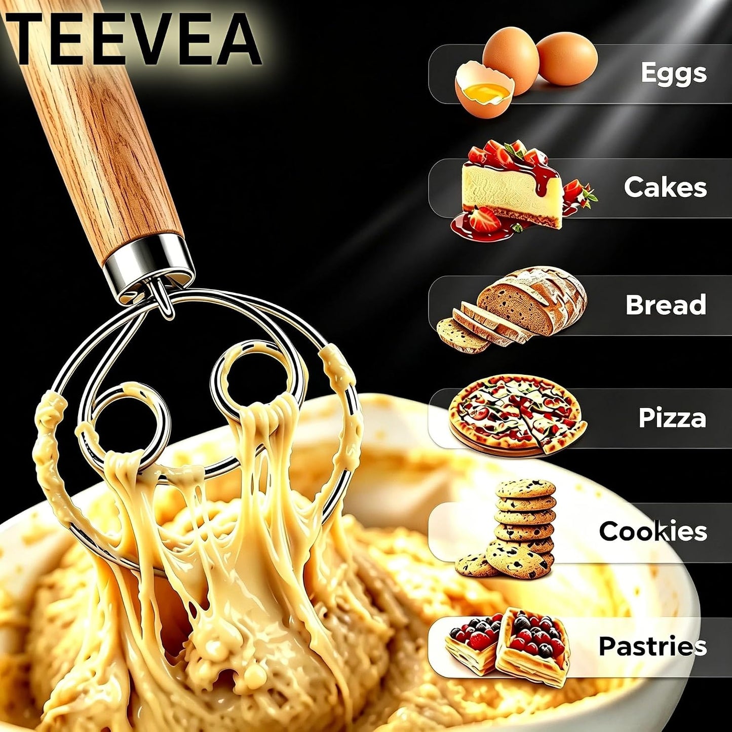 TEEVEA Danish Dough Whisk Stainless Steel Wooden Handle for Sourdough Bread | 4-Loop Food-Grade Steel Dutch Whisk, Even Mixing, Replaces Dough Hook and Mixing Spoon, Nonstick Easy Clean, Sourdough Mixer