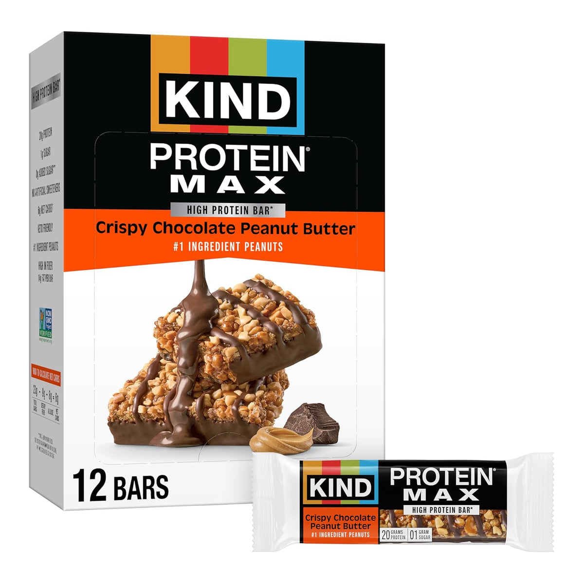 KIND Protein MAX Crispy Chocolate Peanut Butter Snack Bars, 12 Count Box, 20g Protein, Keto Friendly