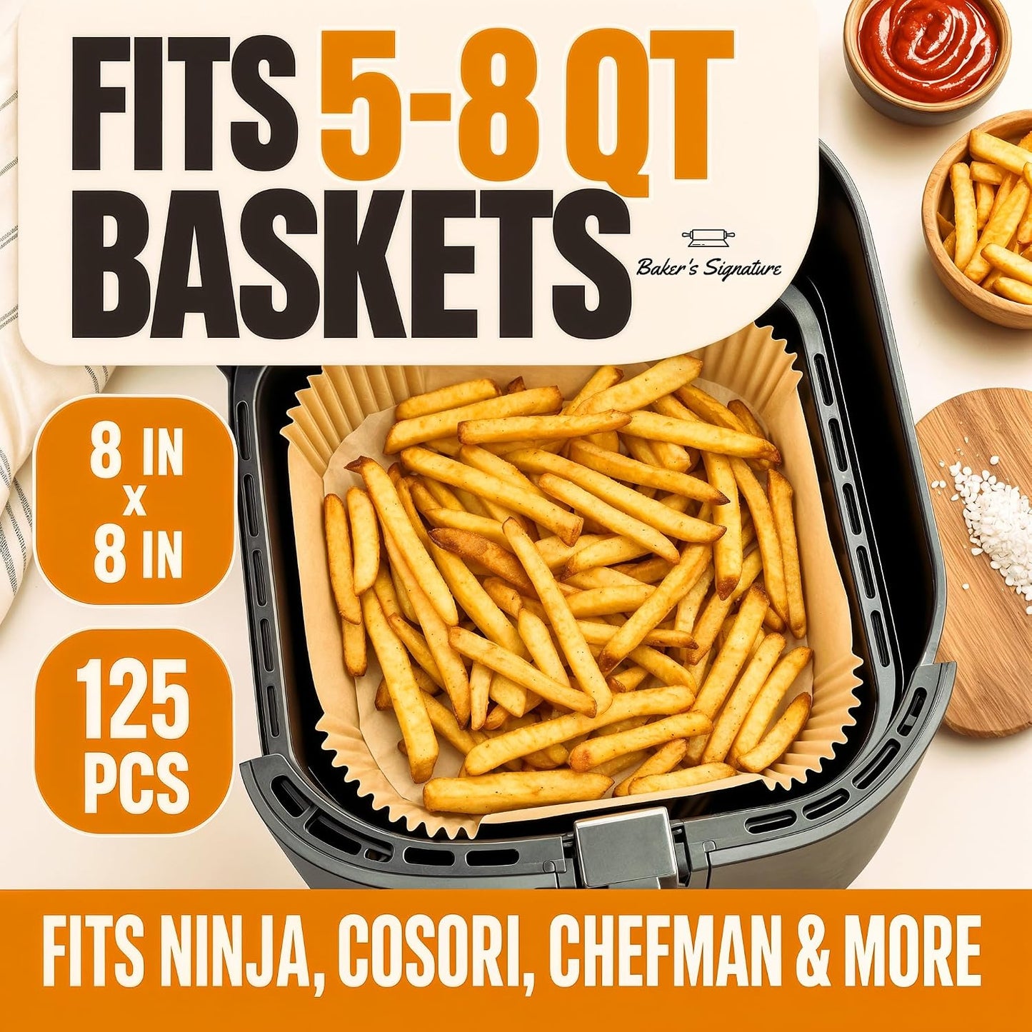 Air Fryer Paper Liners, 125Pcs Air Fryer Disposable Liners | Non-Stick and Oil Proof for Easy Cleanup, 8" Square for 5-8 qt Basket by Baker's Signature