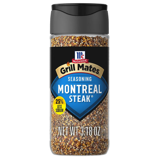 McCormick Grill Mates 25% Less Sodium Montreal Steak Seasoning, 3.18 oz, Coarsely Ground Pepper and Garlic Blend