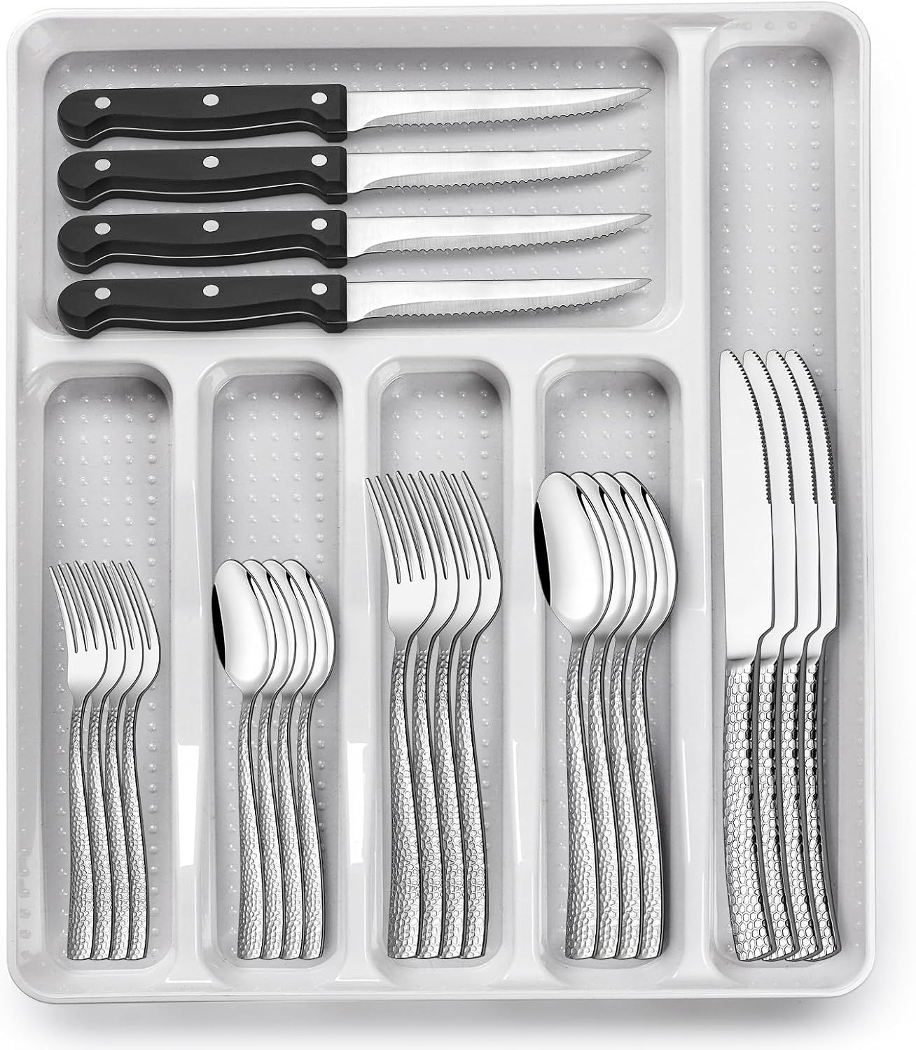 49-Piece Silverware Set with Organizer, Heavy Duty Stainless Steel Flatware Set for 8, Cutlery Utensil Sets with Steak Knives, Rust-proof, Mirror Polished, Dishwasher Safe, Heavy Duty