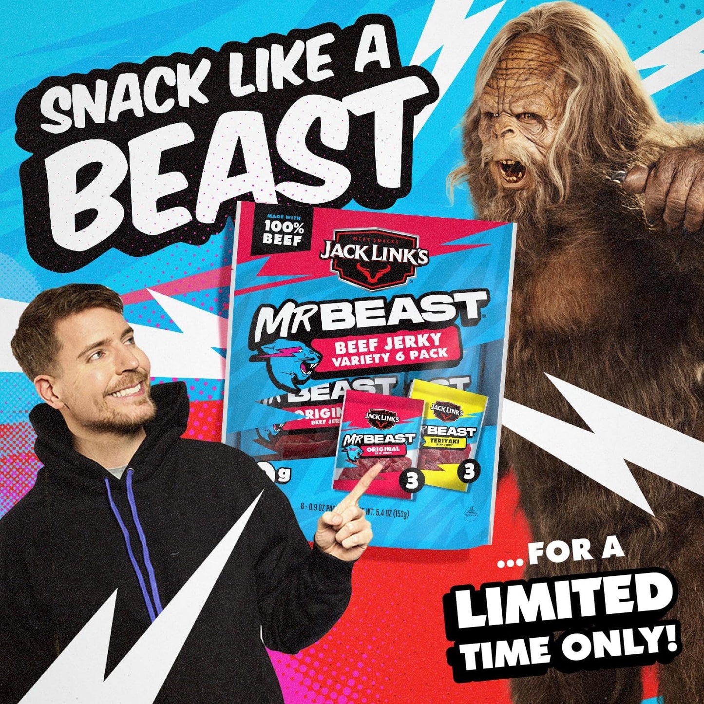 Jack Link's x MrBeast Beef Jerky Variety Pack, 6 Pack, 5.4 oz Bags, Ready to Eat Protein Snacks