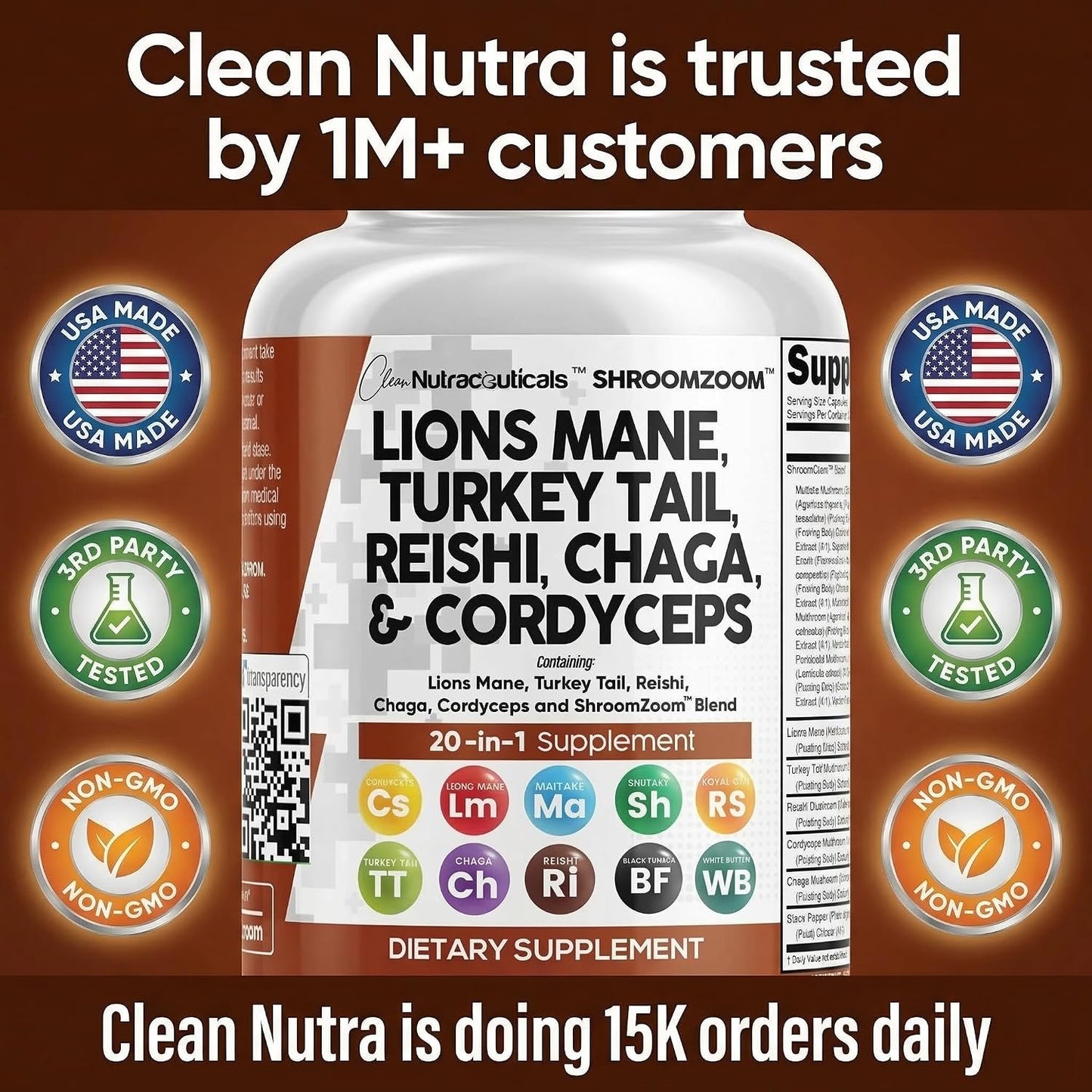Clean Nutraceuticals Lions Mane 20in1 Mushroom Supplement with Turkey Tail Reishi Cordyceps Chaga Maitake Meshima Poria Cocos Shiitake Oyster Porcini Enoki - 1 Pack