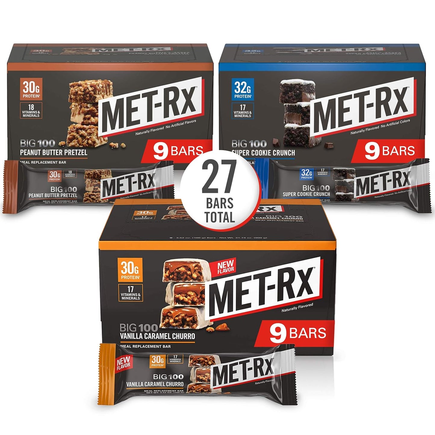 MET-Rx Big 100 Colossal Protein Bars, 9 Count, Chocolate Chip Cookie Dough, 3.52 oz