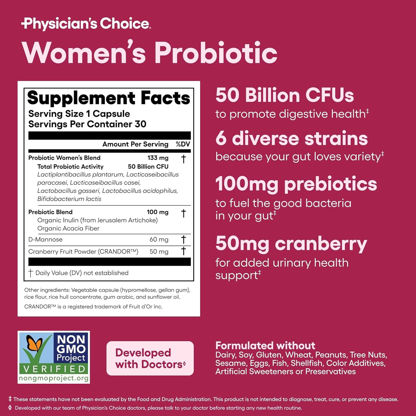 Physician's CHOICE Probiotics for Women - PH Balance, Digestive, UT, & Feminine Health - 50 Billion CFU - 6 Unique Strains for Her - Organic Prebiotics, Cranberry Extract+ - Women Probiotic - 30 CT