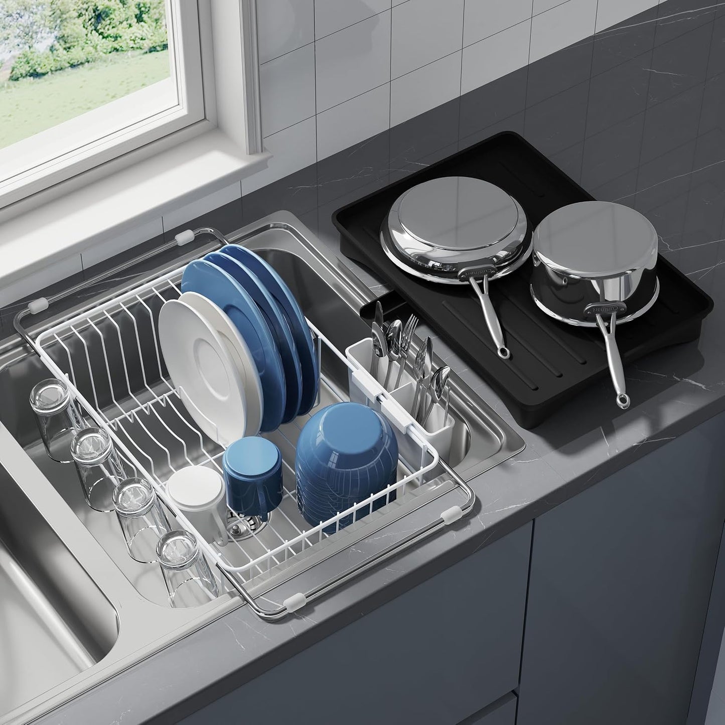 JASIWAY Dish Drying Rack in Sink, Dish Drainer with Cup and Utensil Holder | Over The Sink Expandable Stainless Steel Strainer Dryer Rack for Small Kitchen, Counter Space Saving, Fast Drain, Rustproof