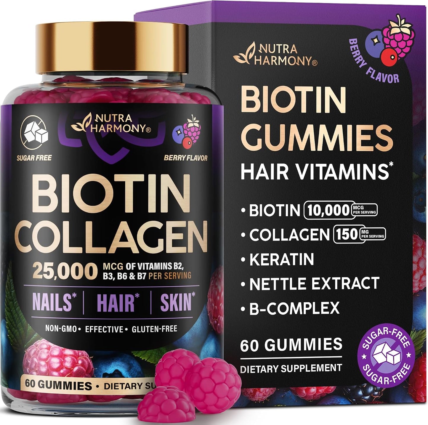 Biotin Gummies with Collagen - Hair Growth Support, Skin, & Nail Strength - for Women & Men - Biotin 10000mcg | Keratin | Hyaluronic Acid | B-Complex | Nettle - Sugar-Free, Mixed Berry, 60 Gummies