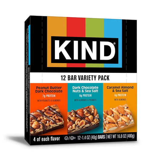 KIND Dark Chocolate Nuts & Sea Salt, Peanut Butter Dark Chocolate, Caramel Almond Sea Salt Bars - 12 Count Variety Pack