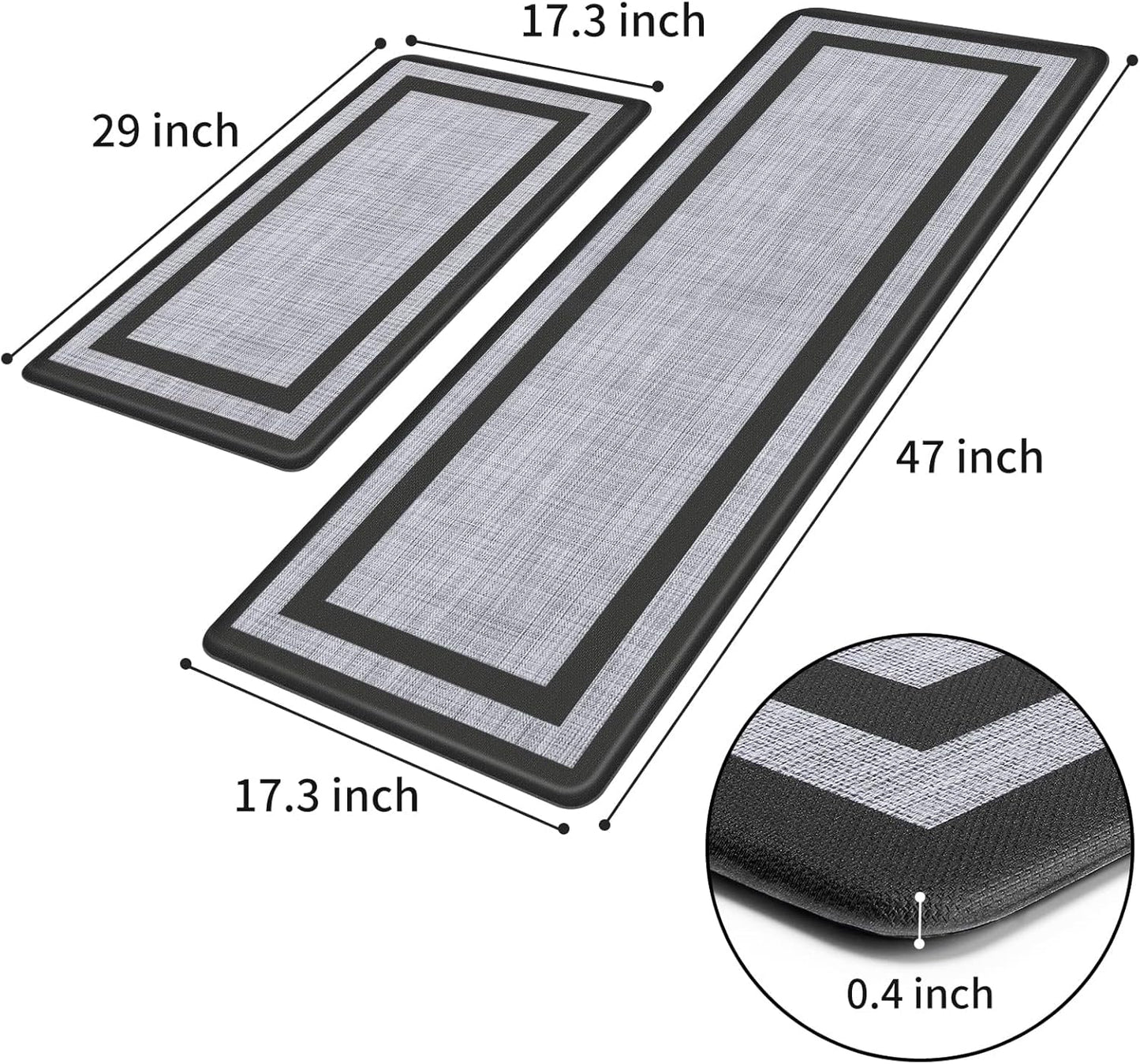 Mattitude Kitchen Mats Set of 2，Cushioned Anti-Fatigue Non-Skid Rug Sets Ergonomic Comfort Standing Mat for Kitchen, Floor, Office, Sink, Laundry, Black and Gray