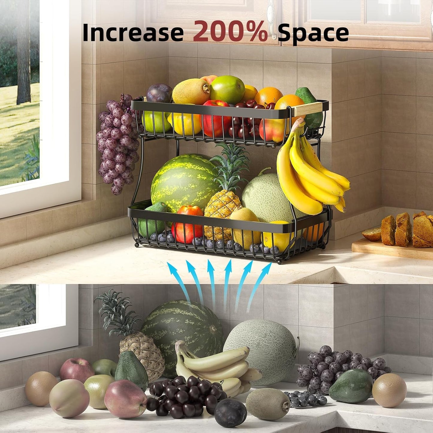 Sevenblue 2-Tier Fruit Basket with Banana Hangers, Detachable Metal Bowl | Wooden handle, protective mats included. Versatile holder for bread, snacks, and veggies. Large 2 tier metal design.
