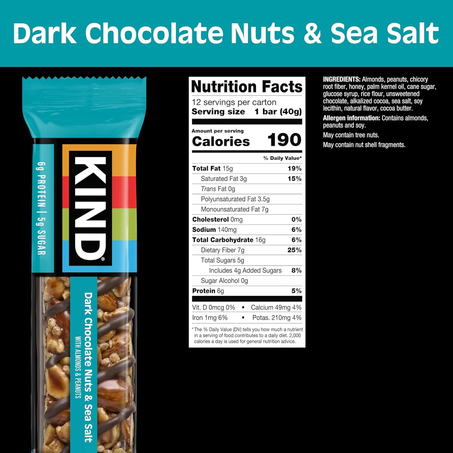KIND Dark Chocolate Nuts & Sea Salt Snack Bars, 24 Count, Gluten Free, Low Sugar, High Fiber