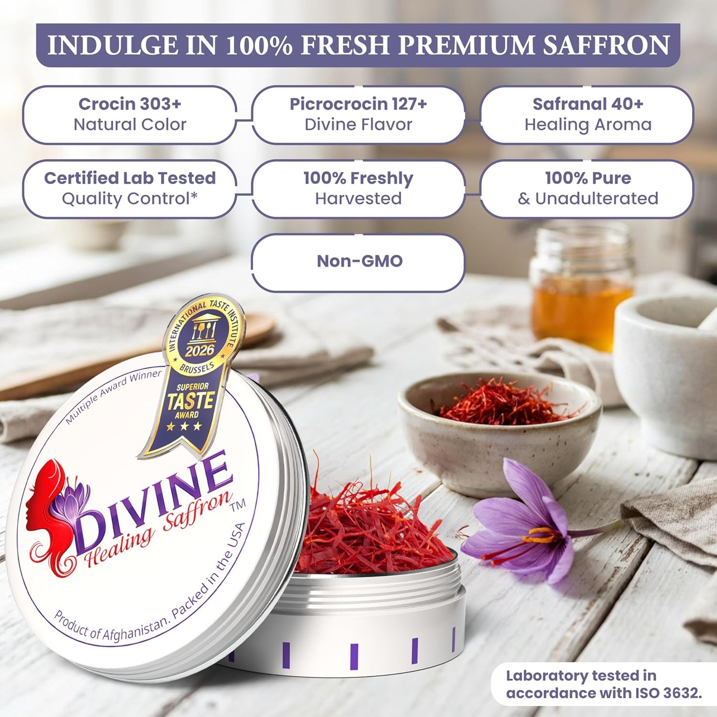 Divine Saffron Threads - Pure Red Saffron from Afghanistan - 1g - Award Winning for Cooking & Wellness