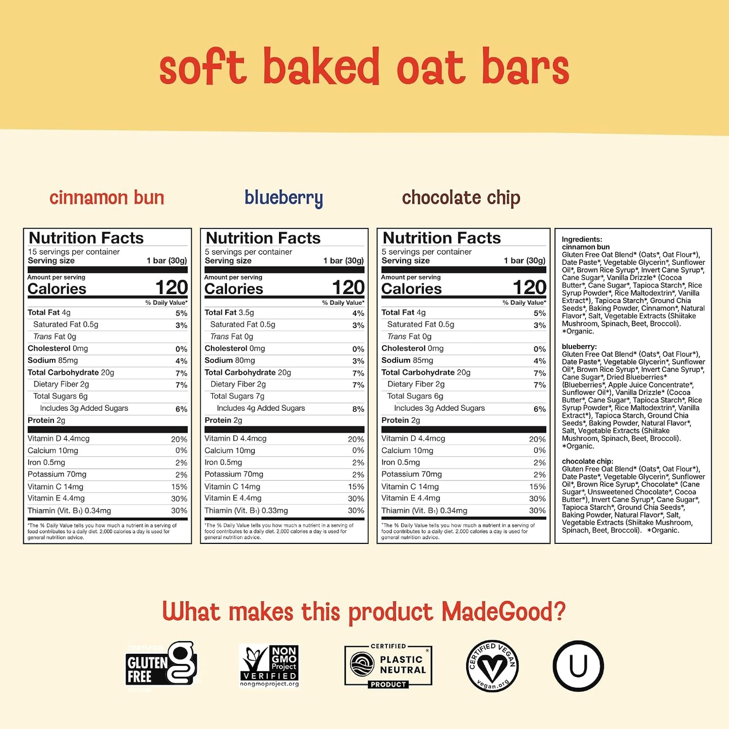 MadeGood Mornings Soft-Baked Oat Bars Variety Pack, 30 count, certified organic, gluten-free, vegan, kosher, non-GMO