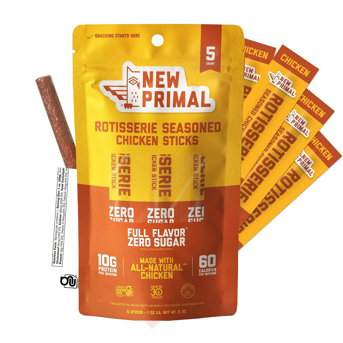New Primal Rotisserie Chicken Sticks, Zero Sugar, High Protein, Gluten Free, 5 Count