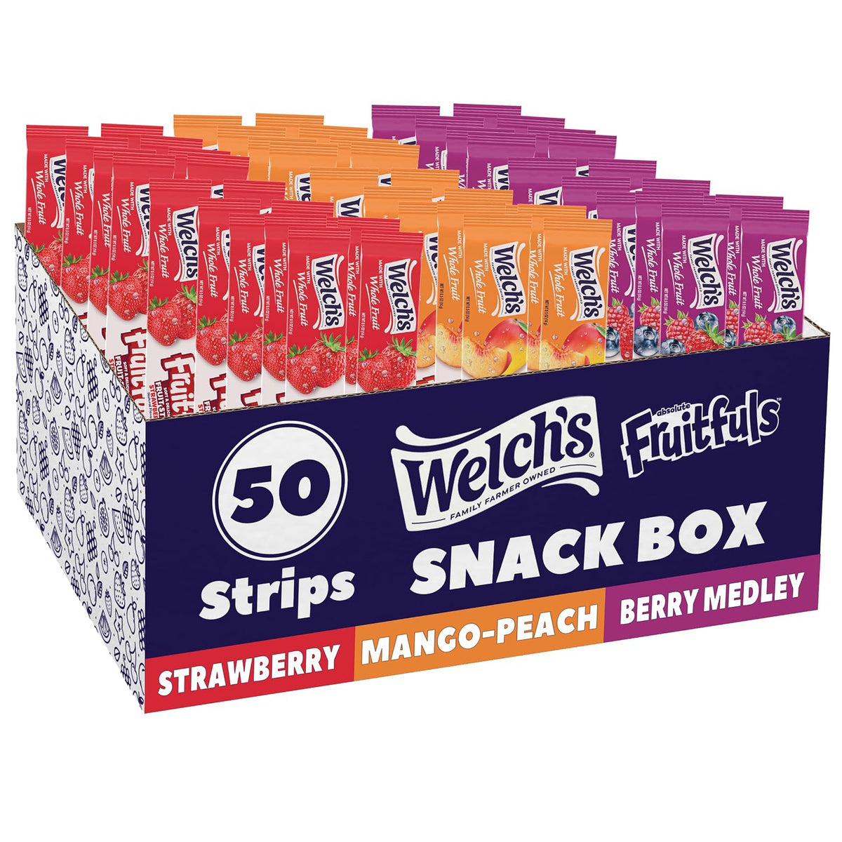 Welch's Fruitfuls Fruit Strips, Dried Fruit Snacks, Berry Medley, Mango Peach, Strawberry, 0.5oz, Pack of 50