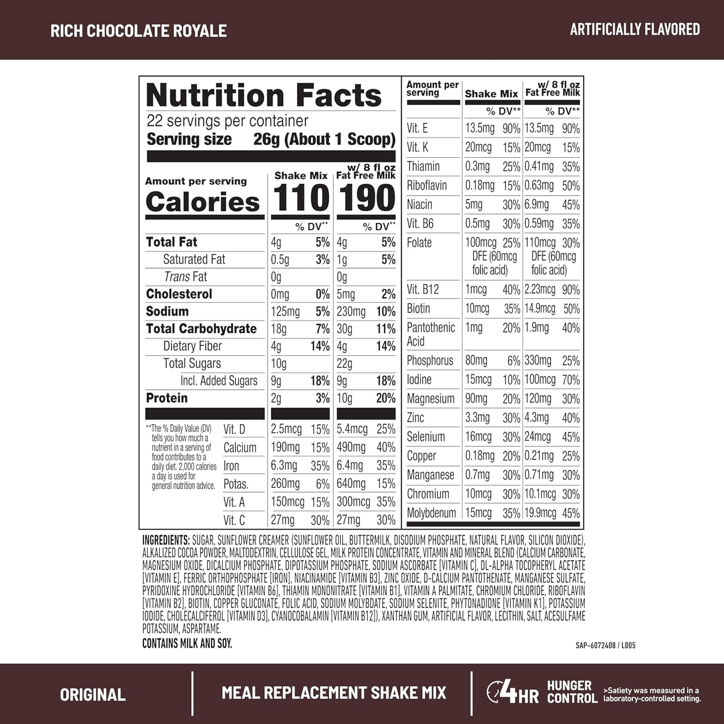 SlimFast Meal Replacement Powder, Original Rich Chocolate Royale, 10g of Protein, 22 Servings (Packaging May Vary)
