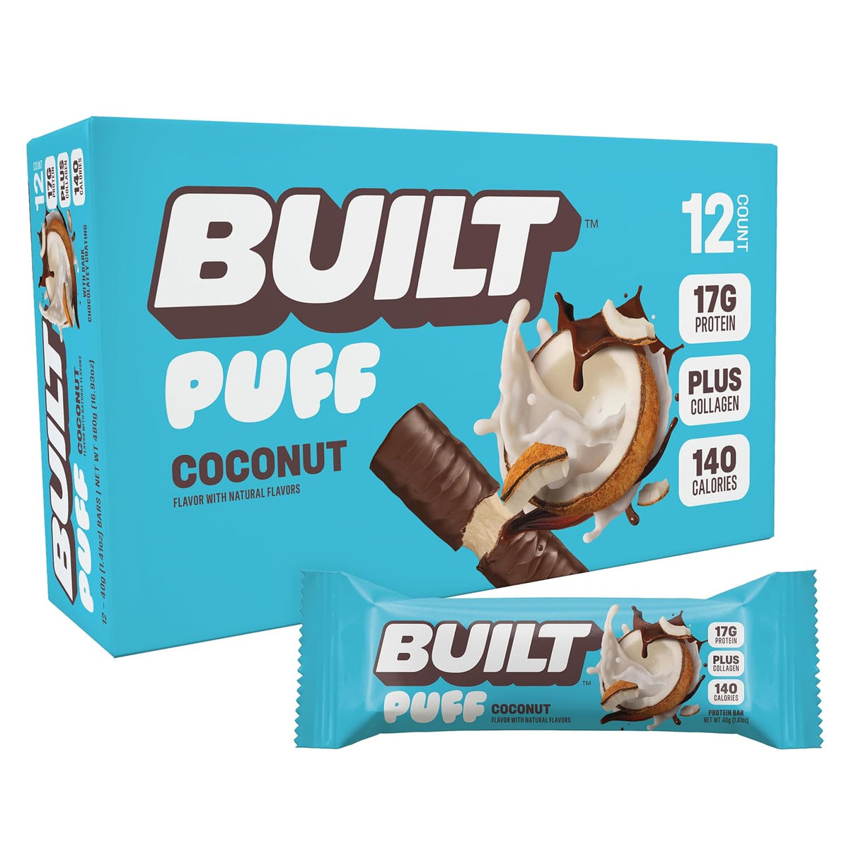 built bar coconut puff protein bars, 17g protein, 140 calories, 6g sugar, collagen, gluten free, 12 count