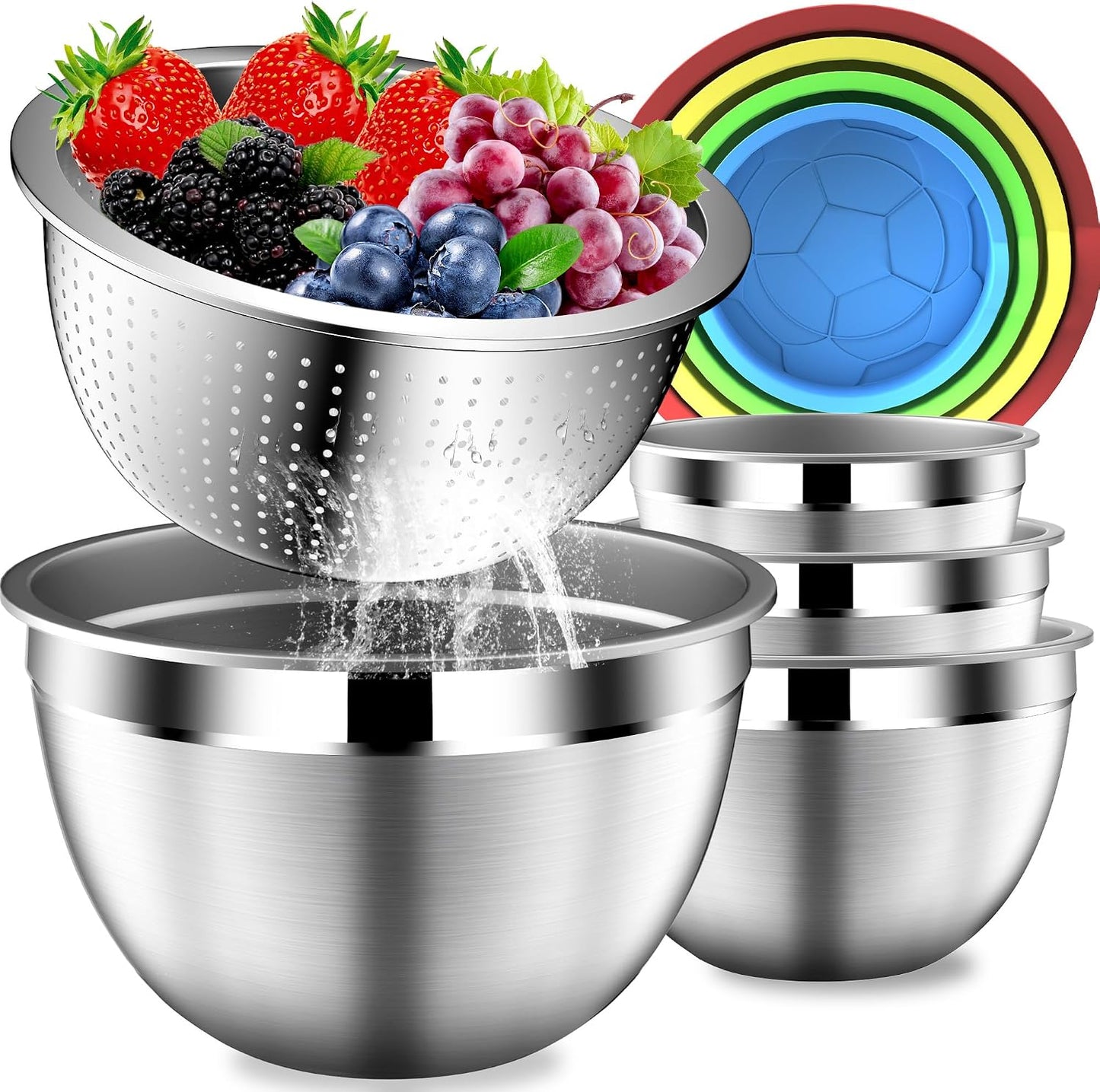 DUTZUN Mixing Bowls with Lids Set, Stainless Steel Mixing Bowls with Colander, Strainer with Mixing Bowl Set, Serving Bowl Kitchen Gift, Size 4.5, 2.5, 2, 1.5QT - Black