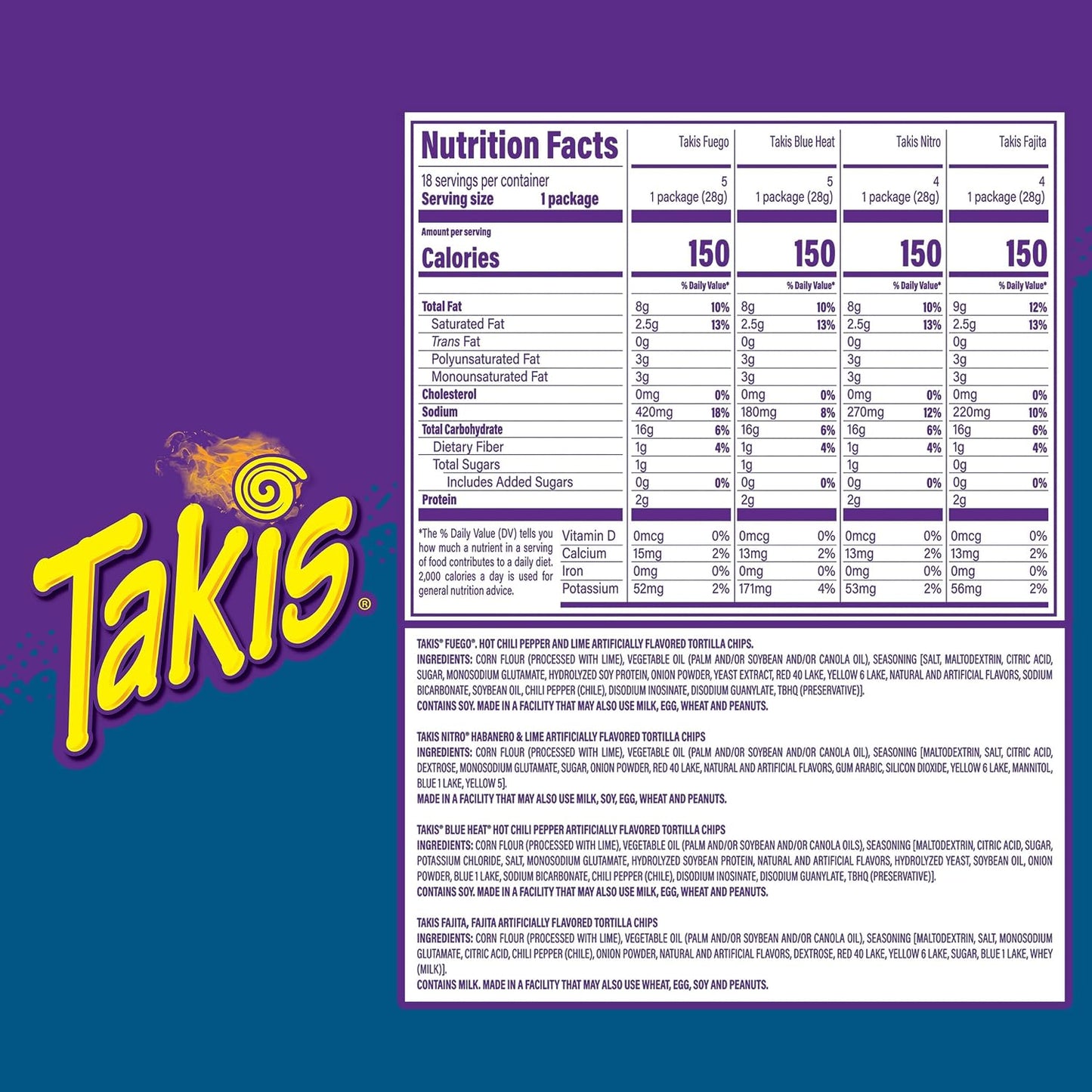 Takis 18 pc / 1 oz Variety Pack, Assorted Flavored Rolled Corn Tortilla Chips