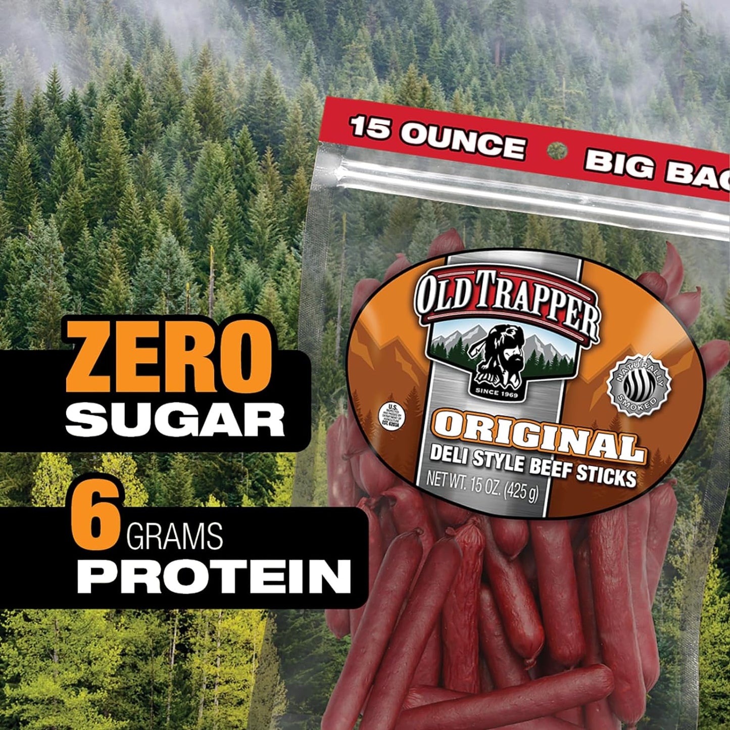 Old Trapper Original Deli-Style Beef Sticks, 15-Ounce Package, Perfect for On-the-Go Snacking