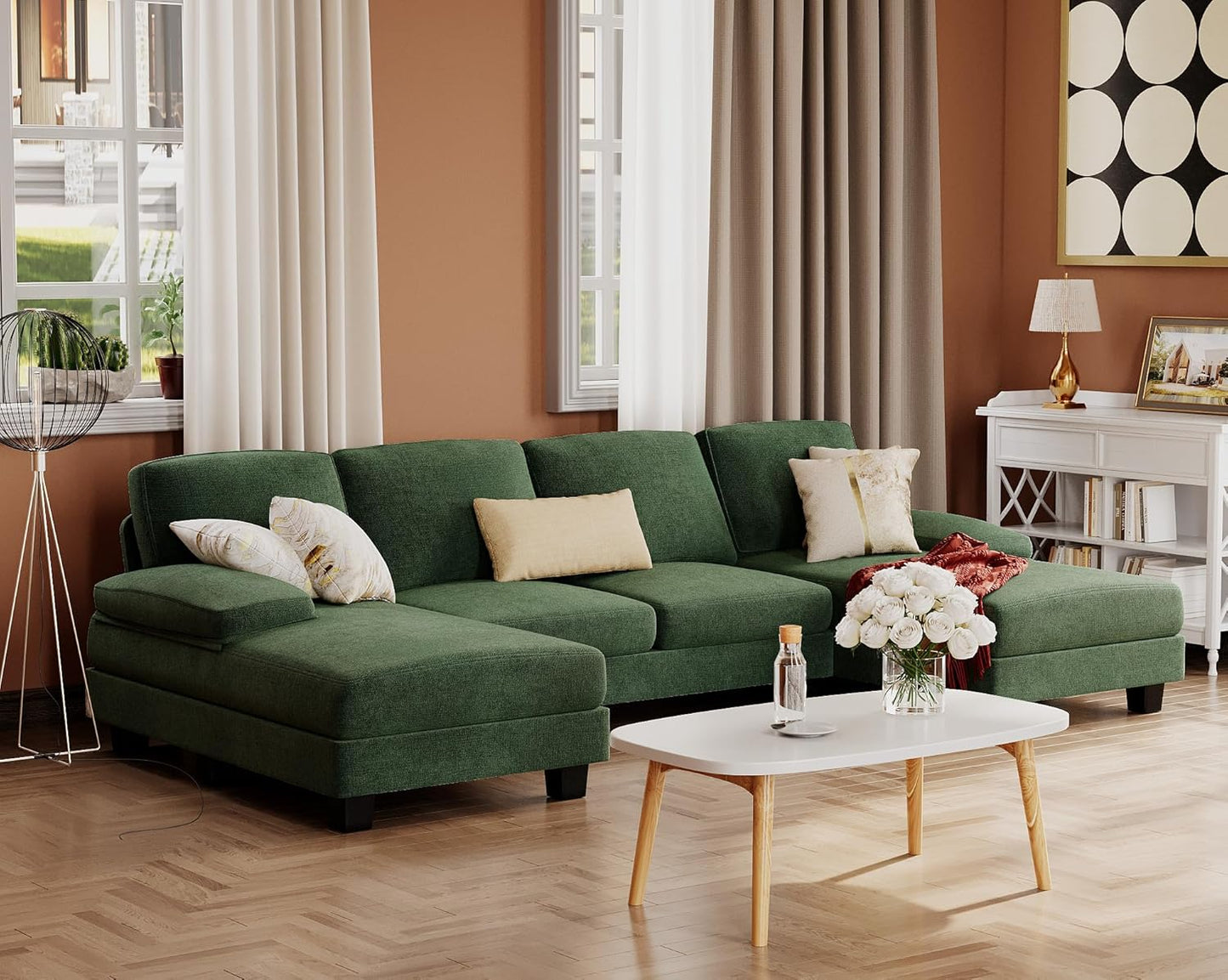 Furmax Sectional Couches for Living Room, U-Shaped Sofa Couch with Linen Fabric, 4 Seat Sofa Set with Double Chaise for Apartment (Fabric, Green)