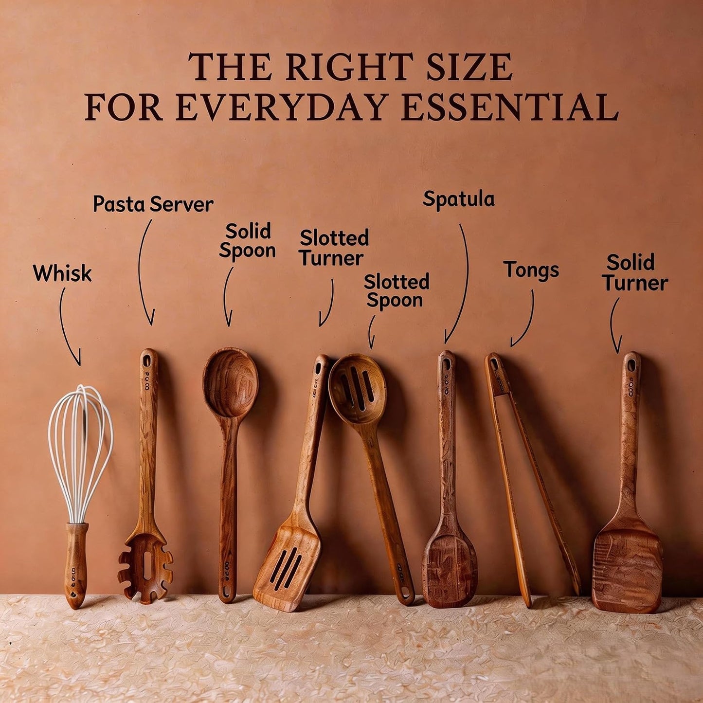 CAROTE Wooden Utensil Set, 8-Piece Acacia Wood Cooking Utensils | Nonstick Cookware Friendly, Durable, Heat-Resistant, Cool-Touch Handles, Hanging Loops, Everyday Kitchen Essentials