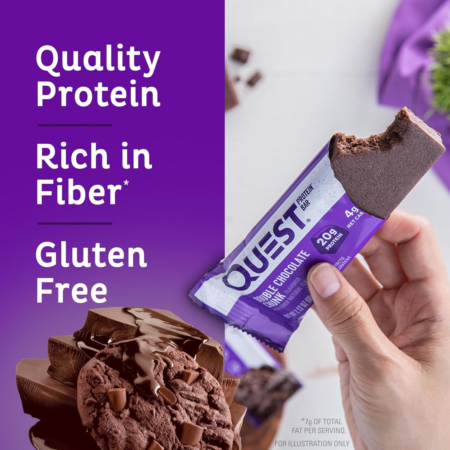 Quest Nutrition Double Chocolate Chunk Protein Bars, 20g Protein, 4g Net Carb, Gluten Free, Keto Friendly, 4 Count
