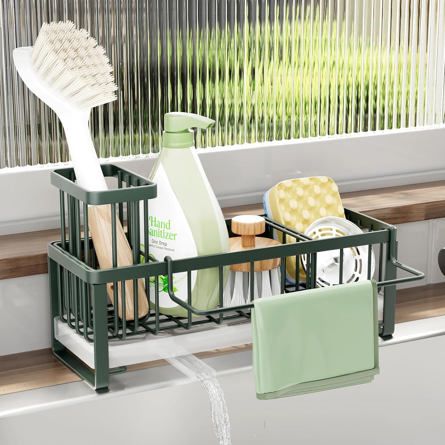 SWTYMIKI Sponge Holder for Kitchen Sink - Sink Caddy with Brush Holder Self-draining Sponge Caddy Organizer with Divider Stainless Steel Kitchen Accessories Storage for Countertop, Black