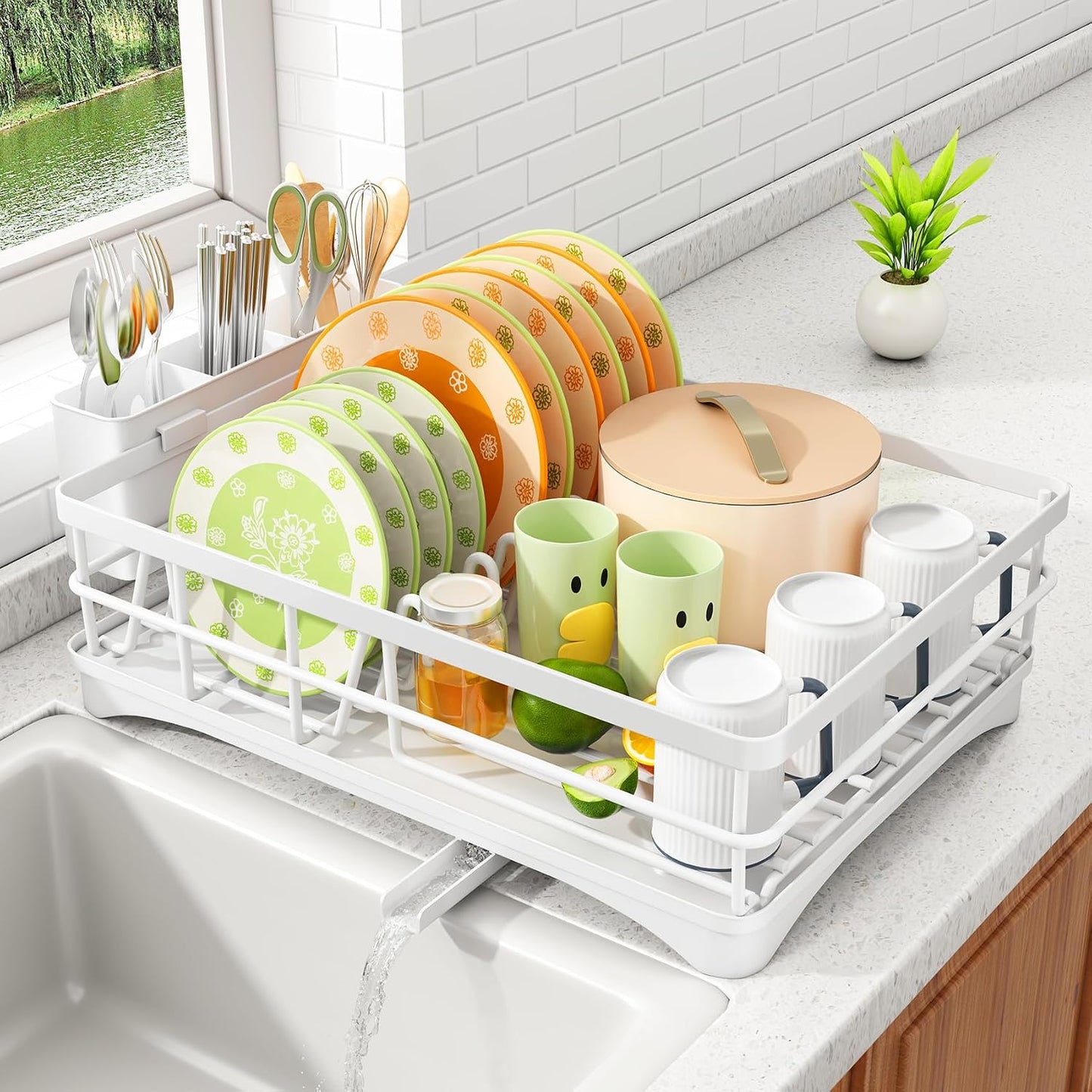 SAYZH Dish Drying Rack for Kitchen Counter with Utensil Holder, Black | Stainless Steel, Large Capacity, Angled Drainboard, Rotating Spout, Removable to Clean