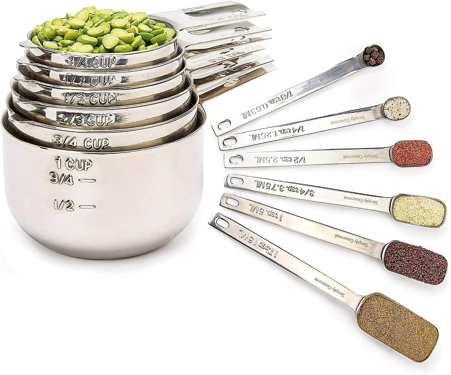 Simply Gourmet Measuring Cups & Spoons Set of 12, 18/08 Stainless Steel Kitchen Gadgets, Stackable Design with Long Handle Spoons, Fits in Spice Jars, Cooking & Baking Set for Dry & Liquid