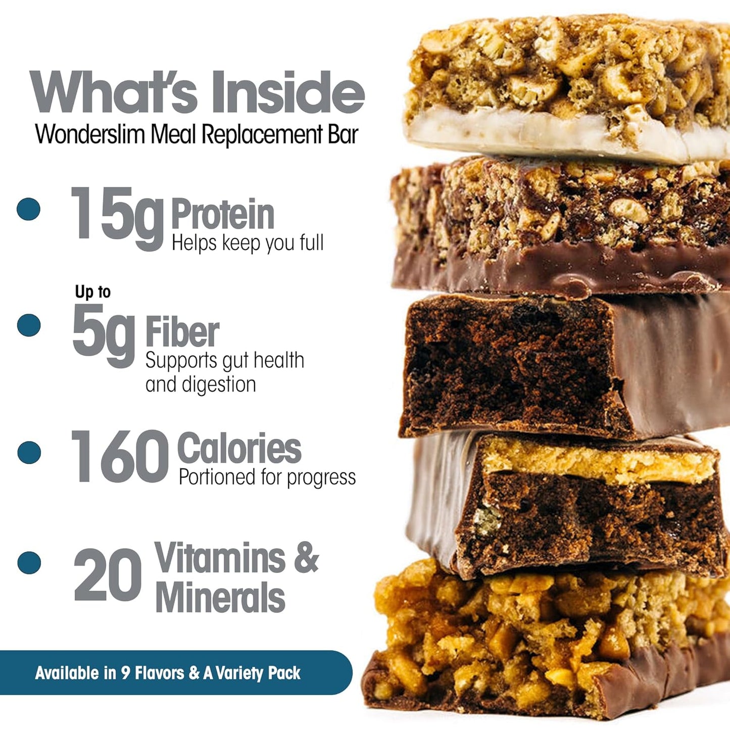 WonderSlim Meal Replacement Protein Bar Variety Pack 15g Protein 20 Vitamins and Minerals