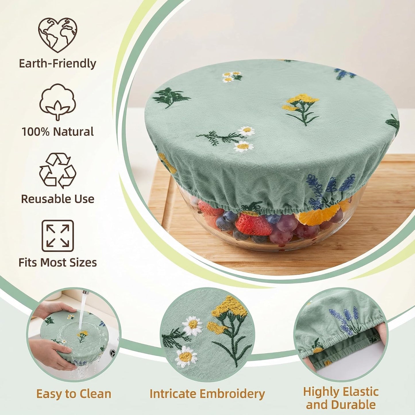 Reusable Bowl Covers (Set of 4) - Breathable Cotton Linen Sourdough Accessories - Elastic Durable Fabric Food Lids for Proofing Baskets & Bread Baking Supplies (Sage Green)