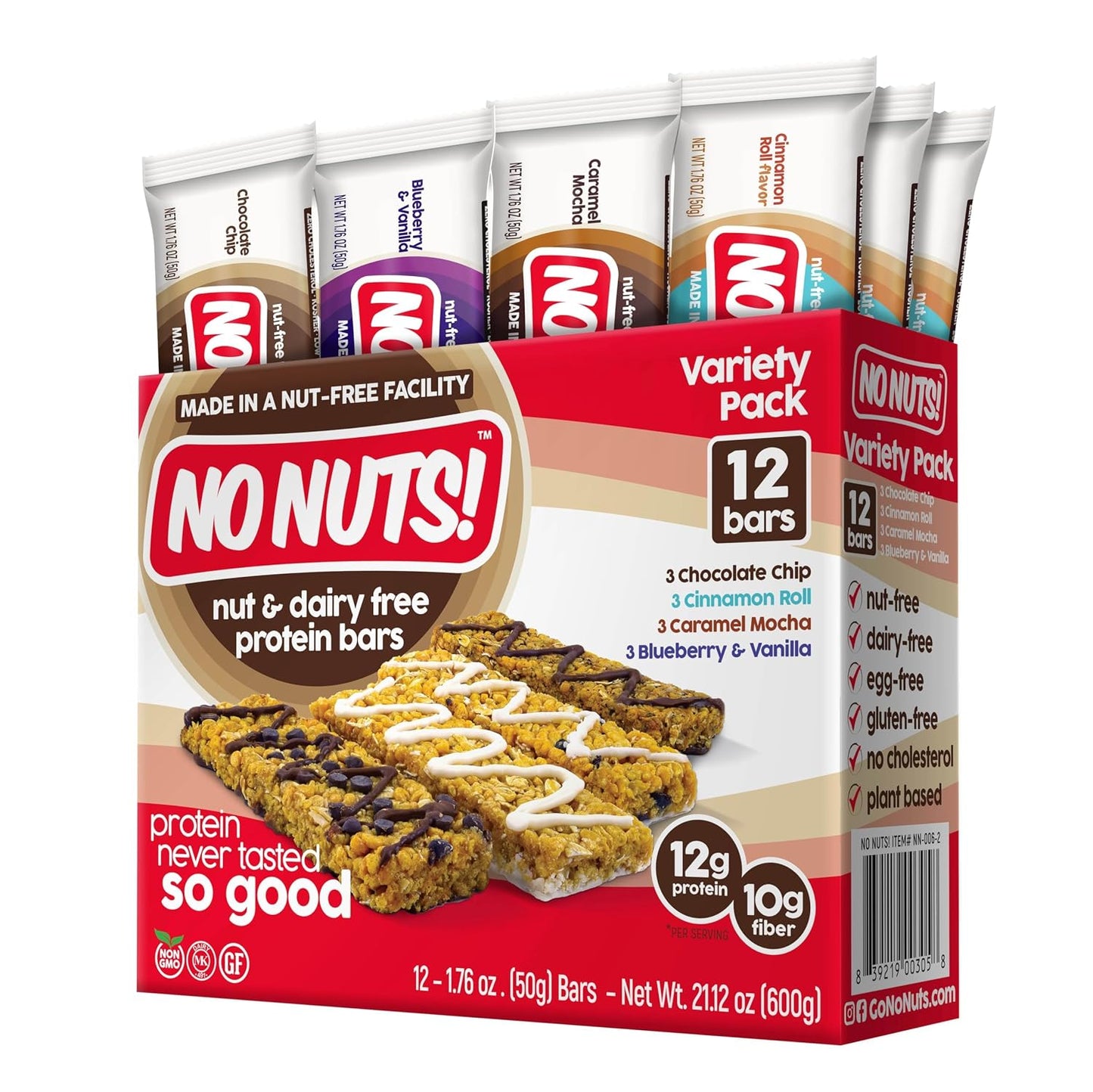 No Nuts! Chocolate Chip Protein Bars, 100% Nut-Free, Vegan, Gluten-Free, Non-GMO, Organic, Kosher, 12 Count