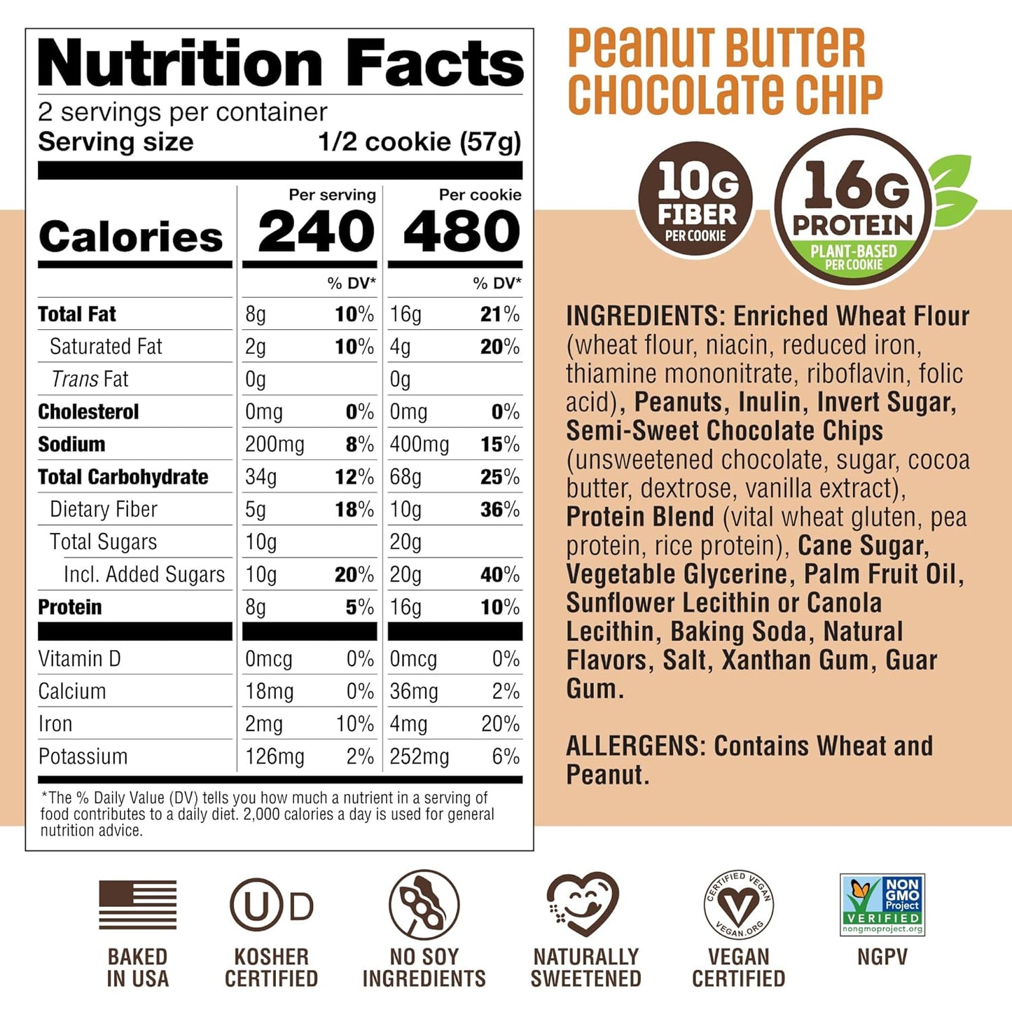 Lenny & Larry's Protein Cookies, Peanut Butter Chocolate Chip, 16g Plant Protein, 10g Fiber, Soft-Baked, Vegan, Non-GMO, 4oz, Pack of 12