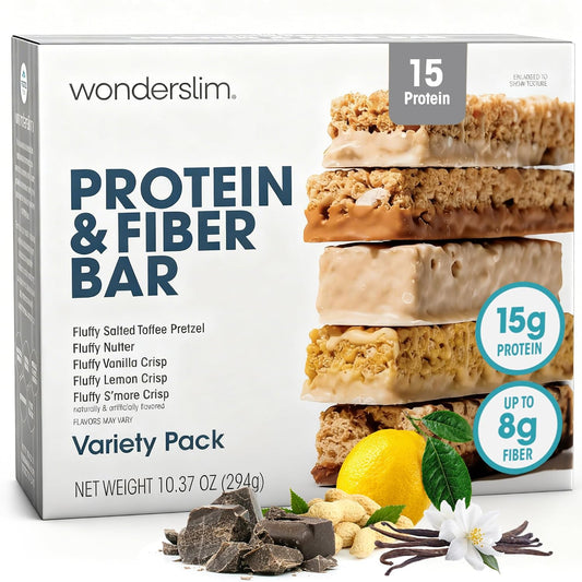 Wonderslim High Fiber Protein Bars Variety Pack 15g Protein 8g Fiber Low Sugar Low Carb