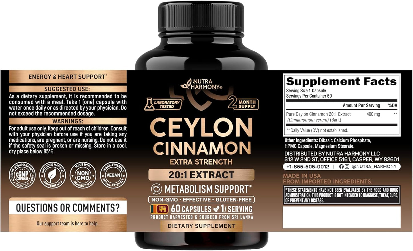 Ceylon Cinnamon Capsules - Extra Strength - 20:1 Extract Supplement