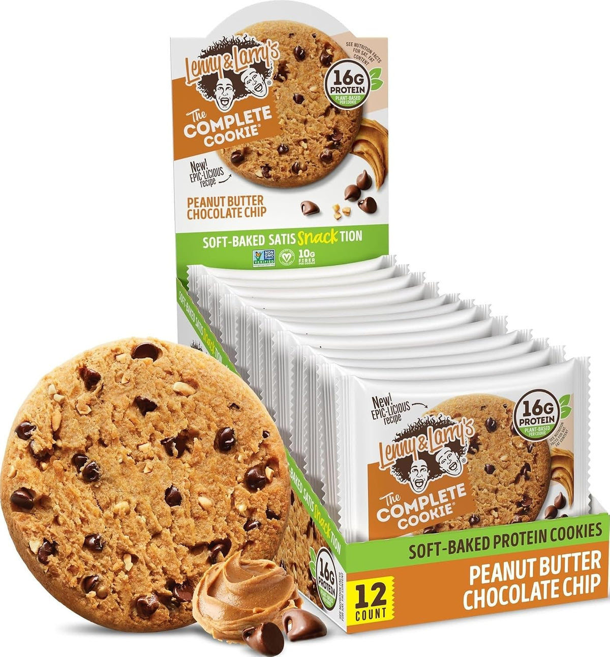 Lenny & Larry's Protein Cookies, Peanut Butter Chocolate Chip, 16g Plant Protein, 10g Fiber, Soft-Baked, Vegan, Non-GMO, 4oz, Pack of 12