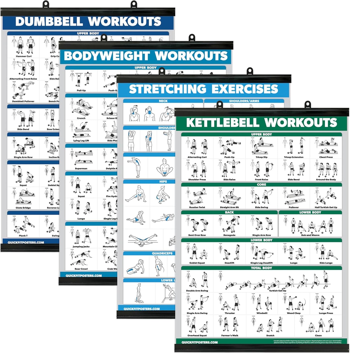 Palace Learning 4 Pack Workout Charts - Dumbbell, Bodyweight, Stretching, Kettlebell Exercises