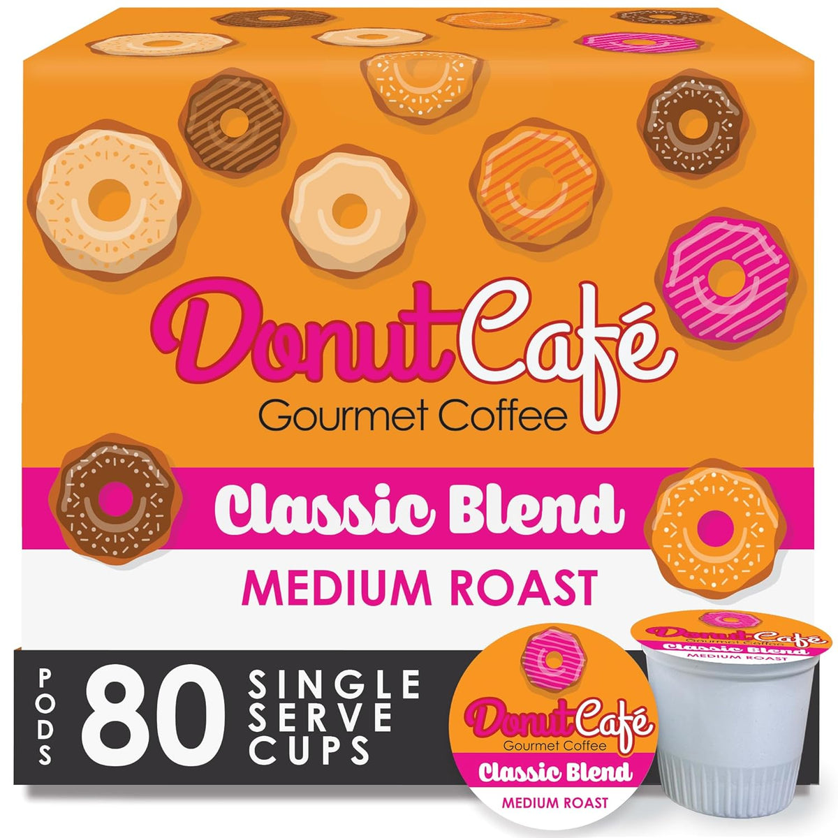Donut Café Coffee Pods, Classic Blend, Medium Roast, Non-GMO, Gluten Free, 80 Count
