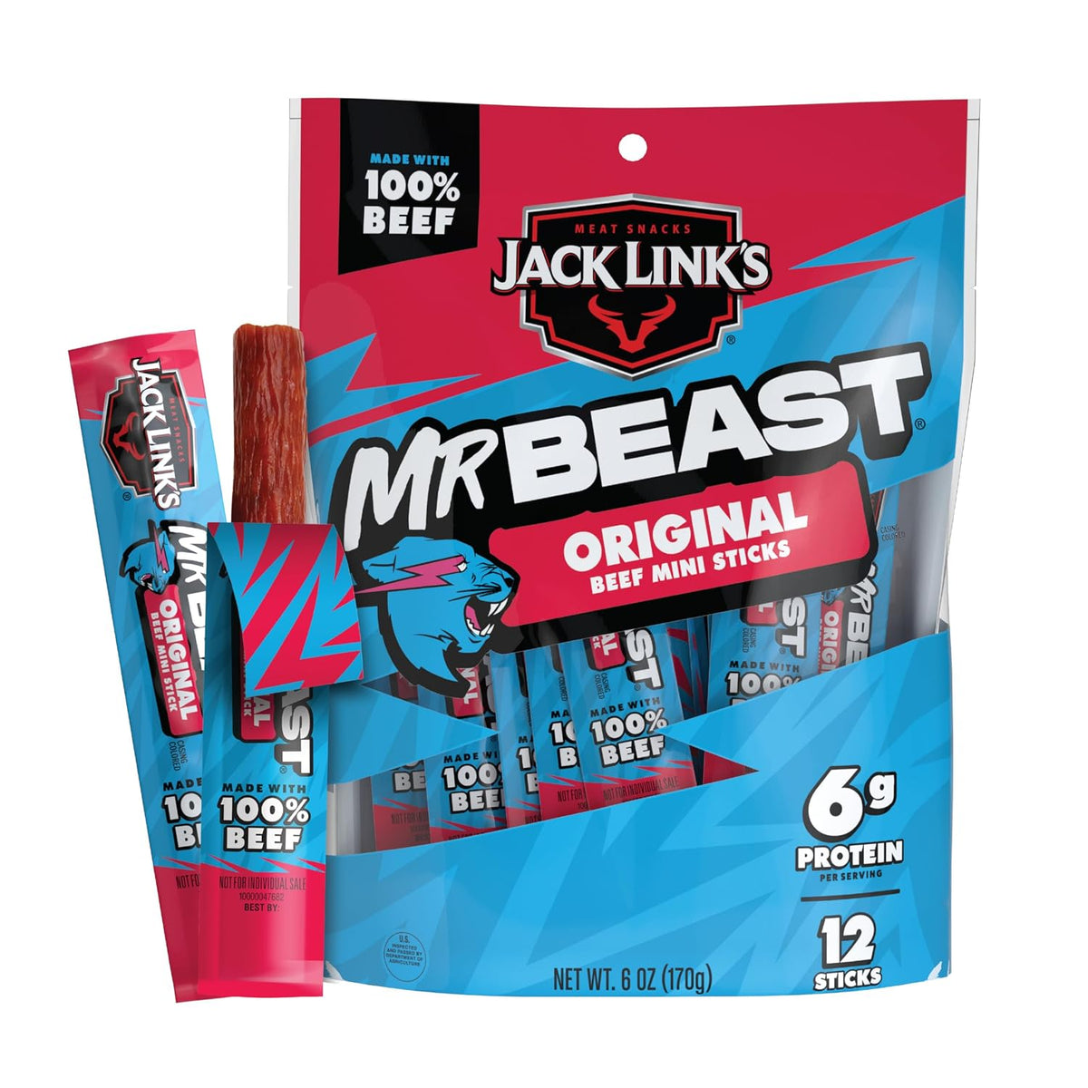 Jack Link's x MrBeast Original Mini Beef Jerky Sticks, 12 Pack, 0.5 oz Meat Sticks