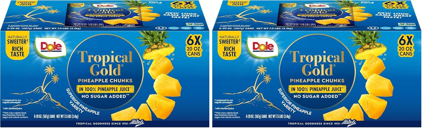 Dole Tropical Gold Pineapple Chunks in 100% Pineapple Juice, 15.25 Oz, 12 Count, Gluten Free, No Sugar Added