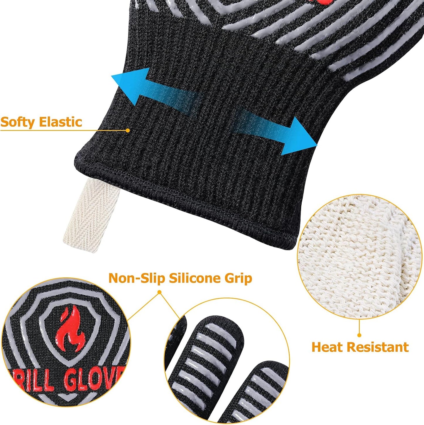 QUWIN BBQ Gloves, 1472°F Heat Resistant Grilling Gloves Silicone Non-Slip Oven Mitts, Kitchen Gloves for BBQ, Grilling, Cooking, Baking(One Size Fits Most, Black)- 1 Pair