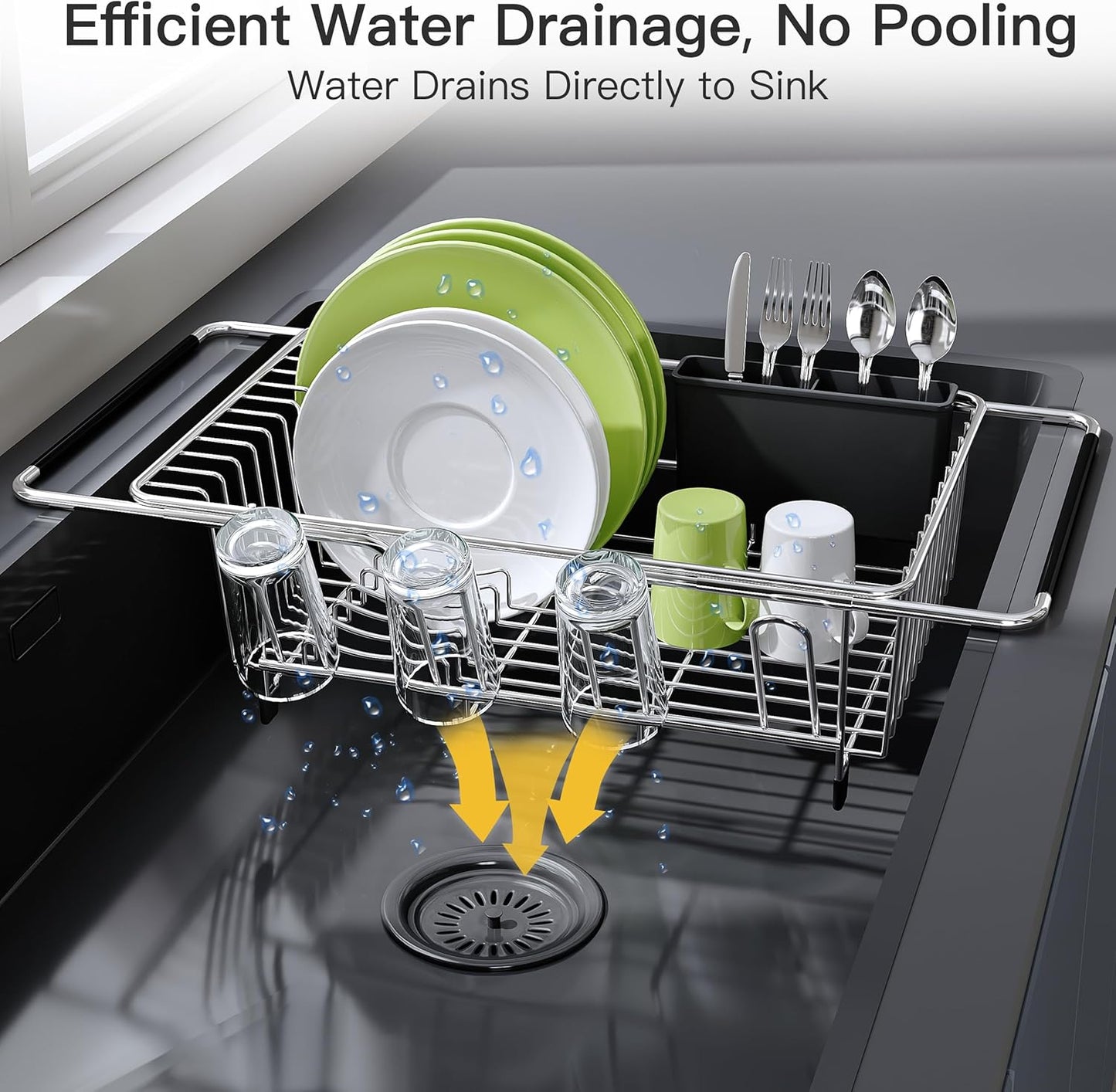 JASIWAY Dish Drying Rack in Sink, Dish Drainer with Cup and Utensil Holder | Over The Sink Expandable Stainless Steel Strainer Dryer Rack for Small Kitchen, Counter Space Saving, Fast Drain, Rustproof