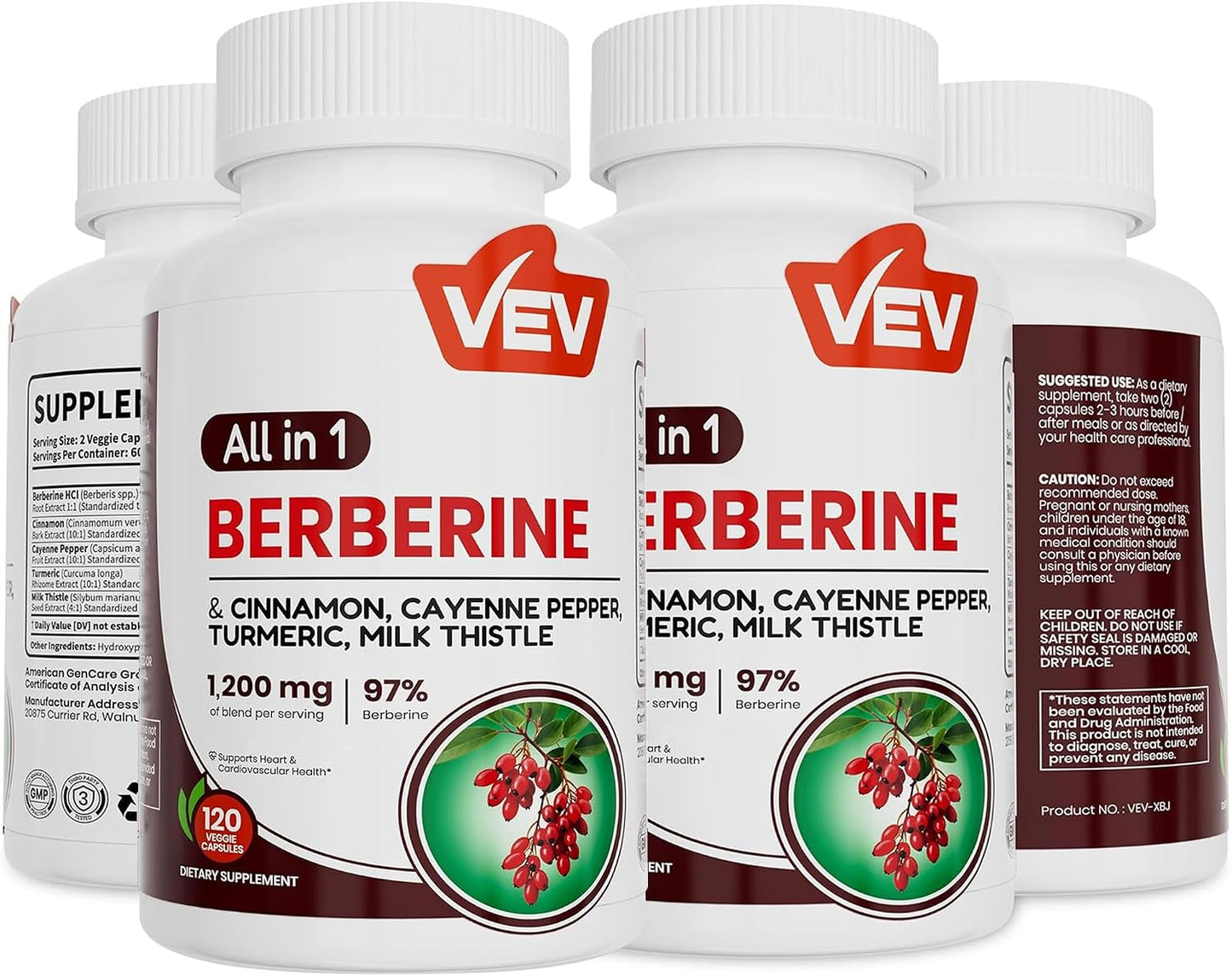 VEV Berberine Supplement with Ceylon Cinnamon, Cayenne Pepper, Turmeric, Milk Thistle, Vegan & Non-GMO – 120 Capsules