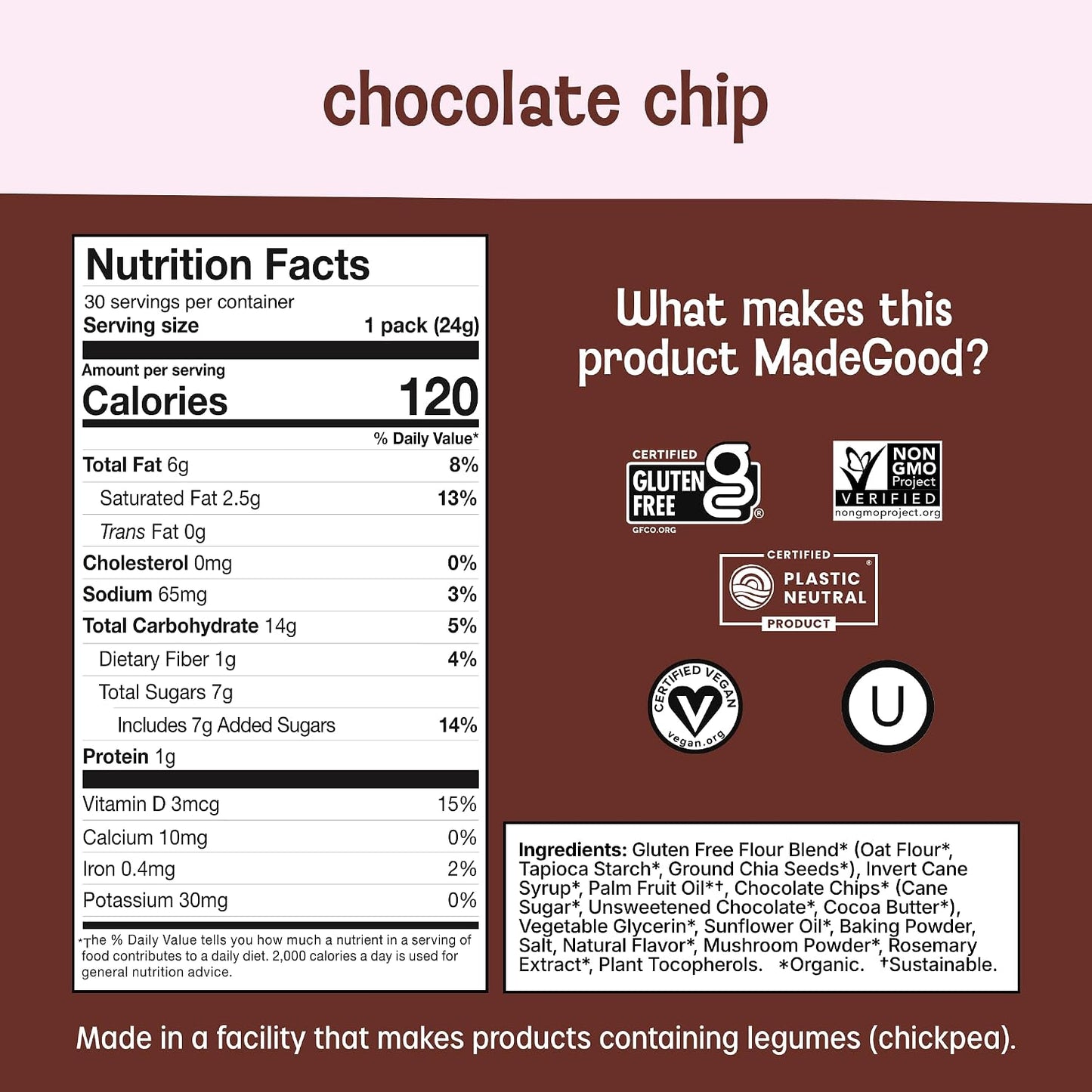Gluten-free chocolate chip mini cookies for school snacks, 30 count